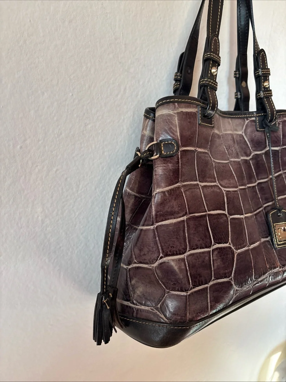 Dooney & Bourke Croc-Embossed Shoulder Tote - Deep Brown with Black Trim